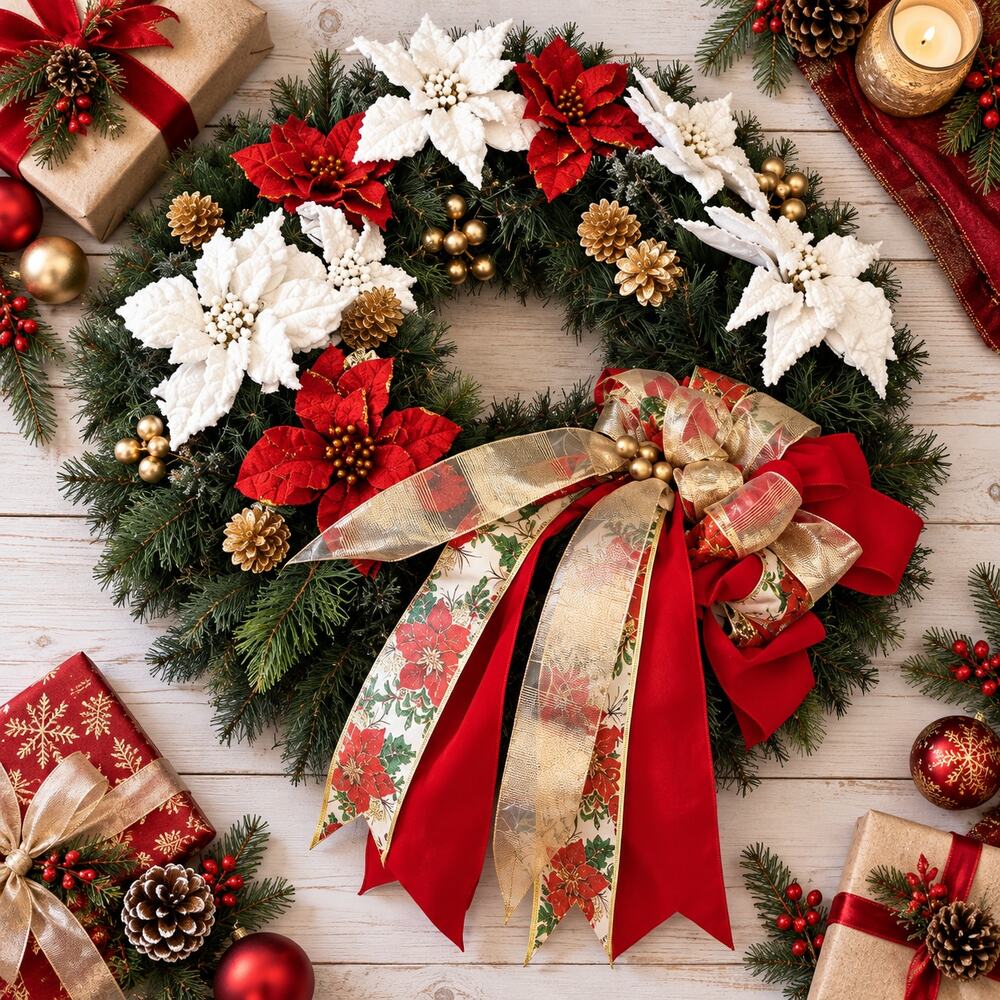 Handmade 28" Christmas Wreath Red White Gold Poinsettias Large Holiday Decor